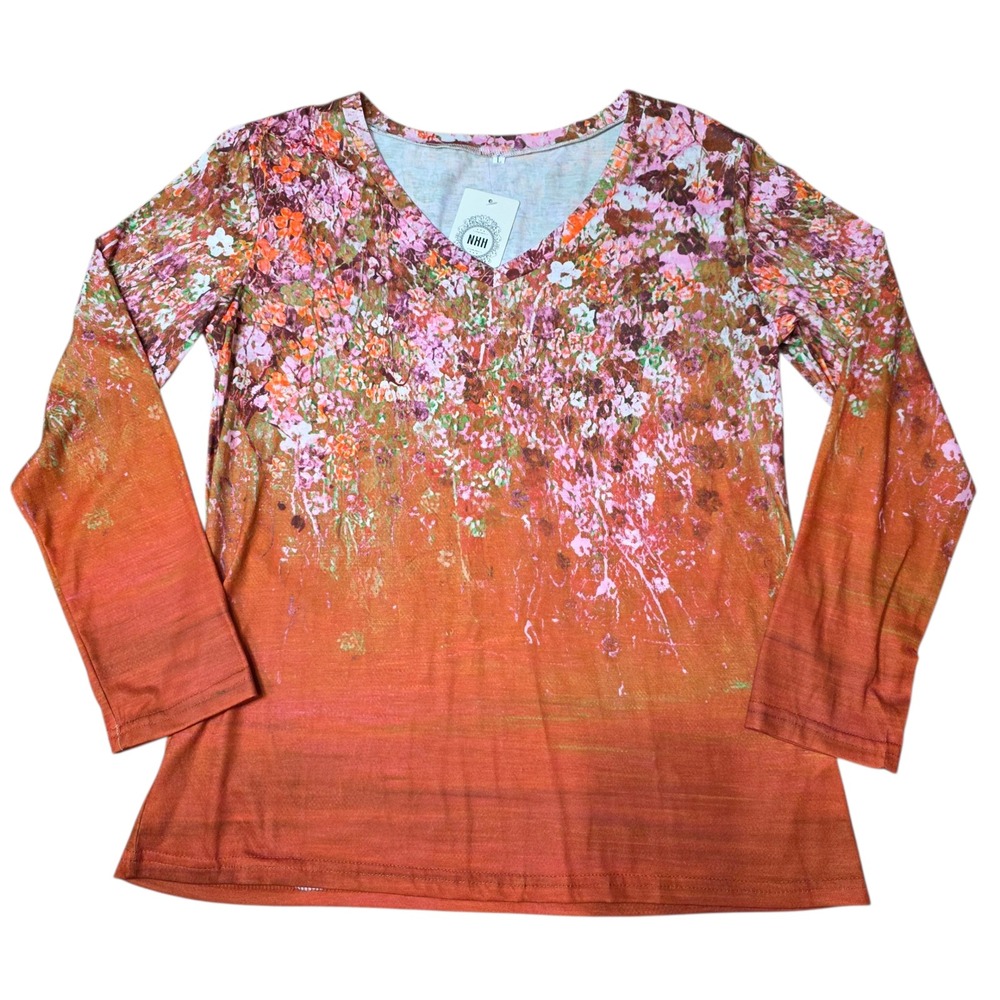 NXH Floral Print Long Sleeve V Neck Top Women Orange Rust Fall Size L NWT